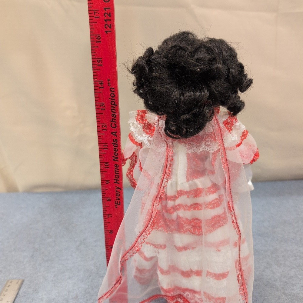 Ashley Belle Porcelain Mexican Doll With Stand Red White Lace Dress Hoop Earring - Picture 5 of 5